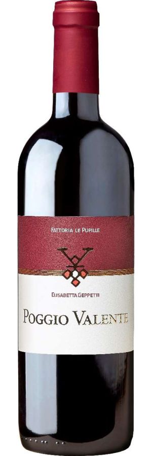 Poggio Valente 750mL a dark glass wine bottle with a white and maroon label with a maroon top