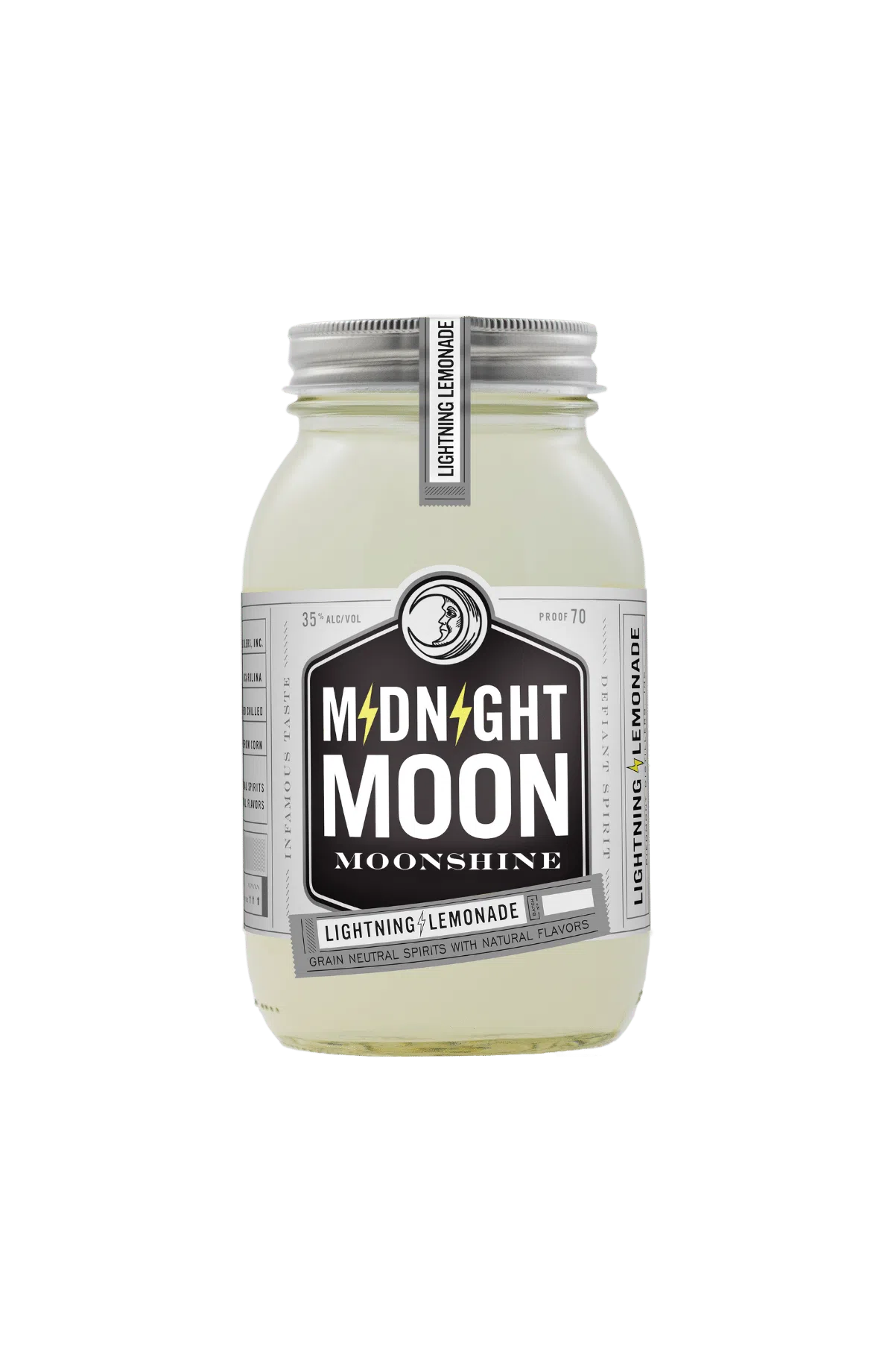 Midnight Moon Lightning Lemonade 750mL a clear glass mason jar with a white label and silver top
