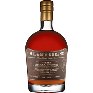 Milam & Greene Very Small Batch 750ml a short rounded clear glass bottle with a brown label and golden top