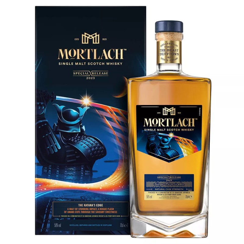 Mortlach Special Release 2023 750mL a tall blue box with the image of a samurai on it next to a square shouldered clear glass bottle with a blue label with the image of a samurai on it with a blue top