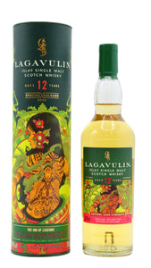 Lagavulin 12 yr Special Release 112.8 750ml 2023 a green cylinder next to a clear glass bottle high shouldered bottle with a green label and green top