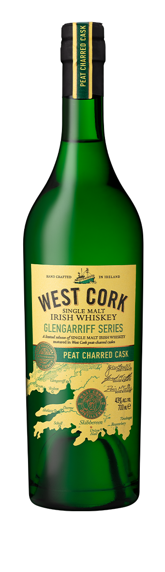 West Cork Irish Whiskey Glengarriff Series Peat Charred Cask 750mL a tall long necked dark green glass bottle with a beige label and black top 