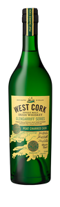 West Cork Irish Whiskey Glengarriff Series Peat Charred Cask 750mL a tall long necked dark green glass bottle with a beige label and black top 