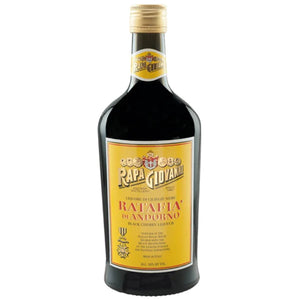 Rapa Giovanni Ratafia Black Cherry Liquor 750ml a stubby high rounded shouldered dark glass bottle with a large yellow label and a golden top
