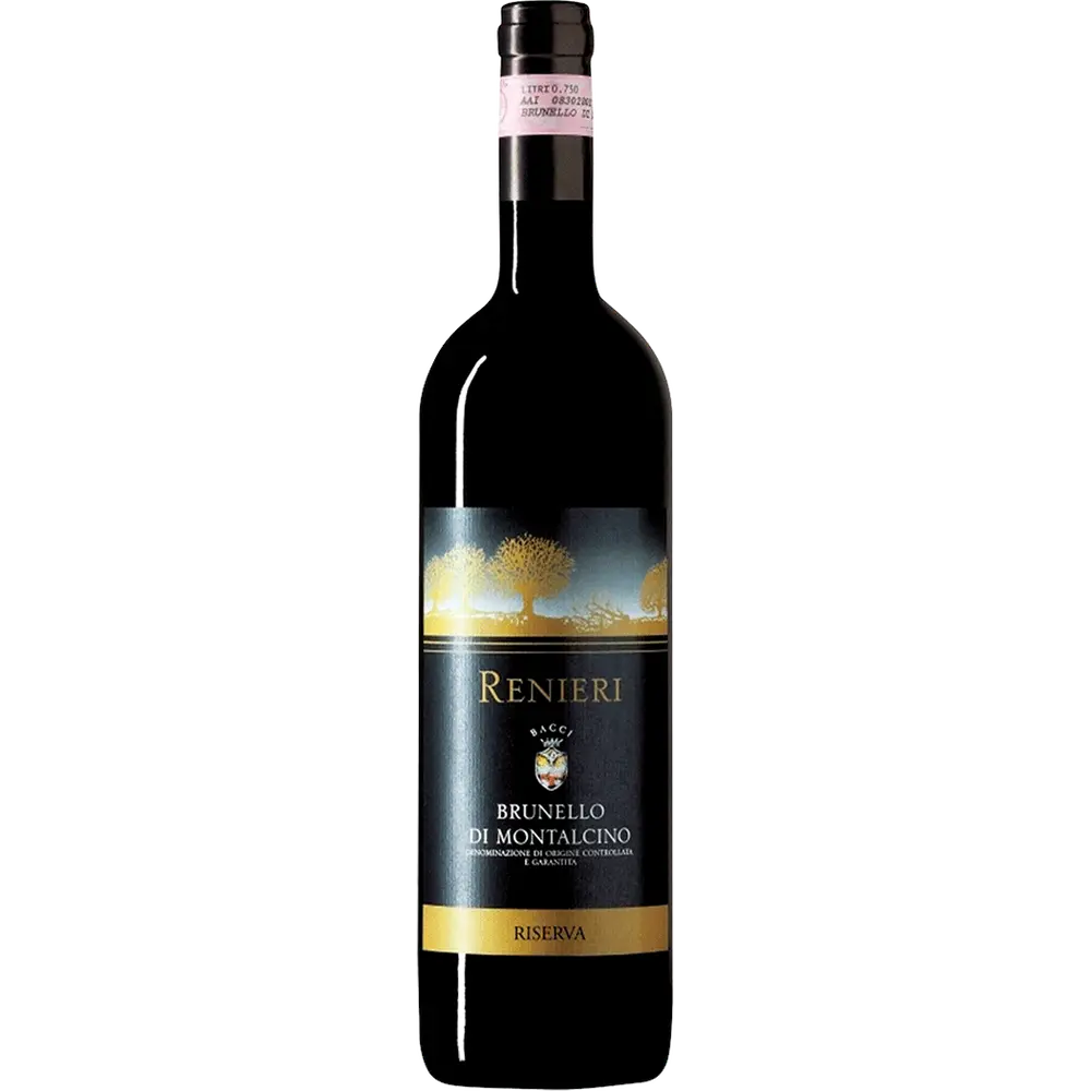 Renieri Brunello Di Montalcino Riserva 750mL a tall dark wine bottle with a black and gold label and black top