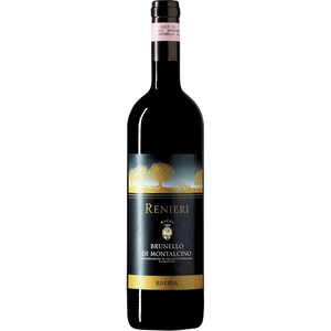 Renieri Brunello Di Montalcino Riserva 750mL a tall dark wine bottle with a black and gold label and black top
