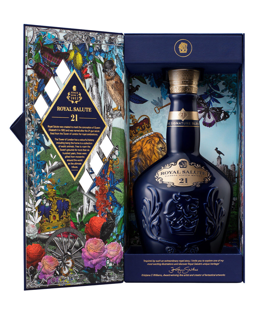 Royal Salute 21 750mL an open blue box with a colorful inside holding a round blue bottle with a golden label and golden top