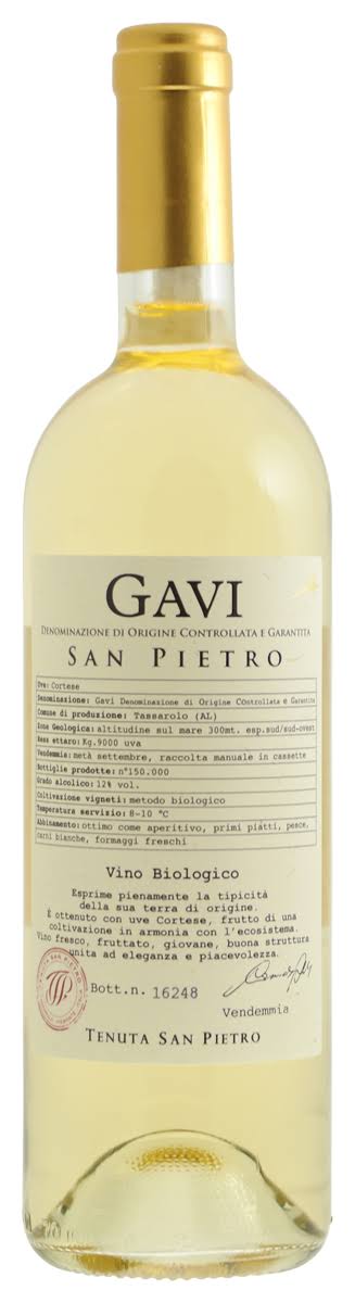 San Pietro Gavi 750mL clear glass wine bottle with a white label and golden top
