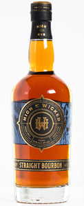 High N’ Wicked Straight Bourbon 750mL a tall round shouldered clear glass bottle with a blue, black and gold label and black top