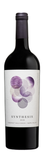 Synthesis Cabernet Sauvignon 750mL a tall dark glass wine bottle with a large white and purple label and a dark purple top
