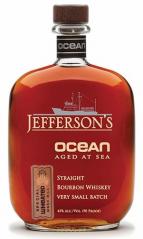 Jefferson's Ocean Aged At Sea Wheated Bourbon 750mL Voyage 25 a clear square rounded glass bottle with golden lettering and a wooden top