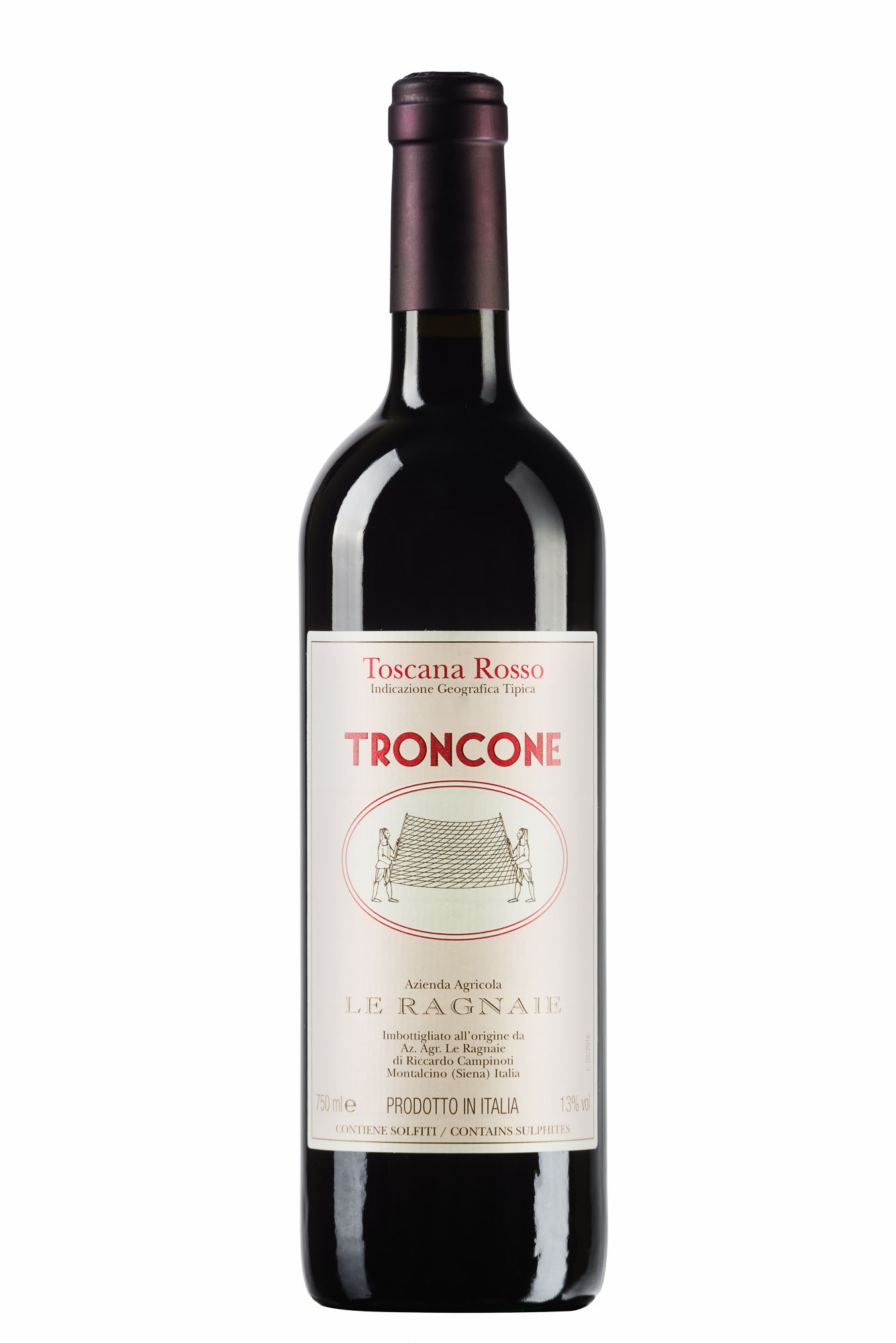 La Ragnaie Troncone 750mL a tall dark wine bottle with a white label and maroon top