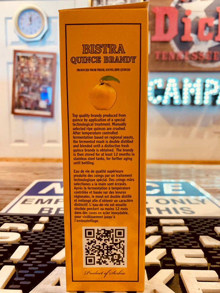 Bistra Quince Brandy 750mL the side of a yellow box