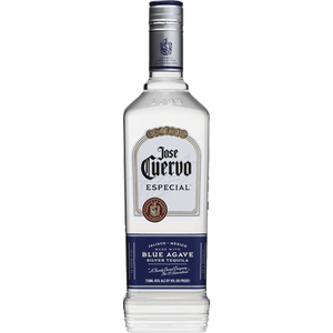 Jose Cuervo Silver  750mL squared tall clear glass bottle with a silver and blue label and silver top