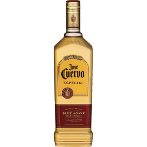 Jose Cuervo Gold 1L tall squared clear glass bottle with a gold label and golden top