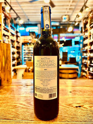 Campo Maccione Morellino di Scansano 750ml back of a dark wine bottle with a white label and bright blue top