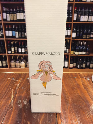 Marolo Grappa Brunello 750ml a white tall squared box with the image of a flower on it