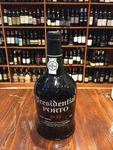 Presidential Porto Ruby 750mL a short stubby rounded dark glass bottle with white lettering and a black top
