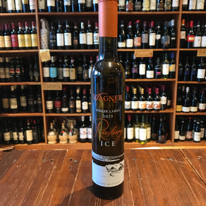 Wagner Riesling Ice Wine 375ml a slender small dark green glass bottle with white and rust color writing and a rust colored top