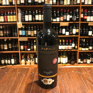 Papale Primitivo di Manduria 750mL a tall black glass wine bottle with a black label and black top