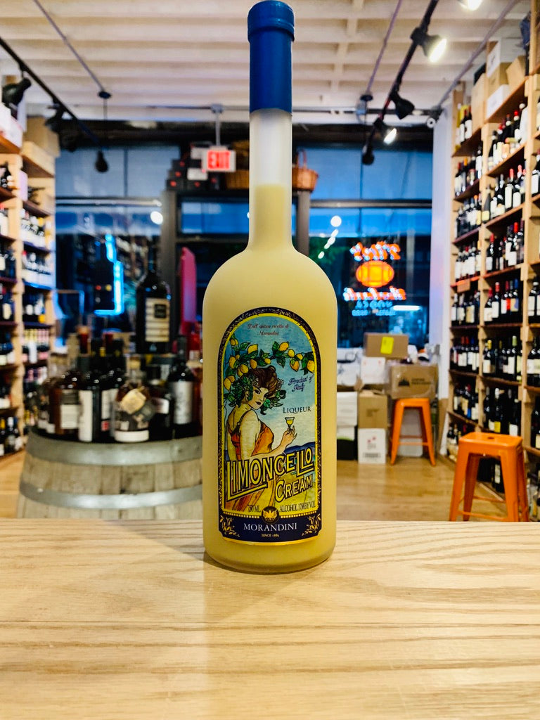 Morandini Limoncello 700mL a frosted glass bottle with a blueish label and the image of a lady on it with a blue top