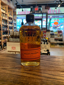 Bulleit Bourbon 375mL  round shouldered clear bottle with an orange label and black top
