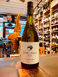 Tokoeka Estate Sauvignon Blanc 750mL a tapered straw colored wine bottle with a white label and the image of a kiwi bird on it and a black top