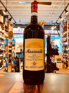 Masciarelli Montepulciano d'Abruzzo 1.5L a large dark wine glass bottle with a yellow label and a maroon top