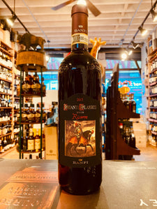 Banfi Chianti Classico Riserva 750ml dark wine bottle with a black label of a man riding a horse