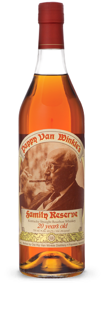 Pappy Van Winkle 20yr 750mL a tall clear glass bottle with a tapered neck and a beige and red label with the image of an old man smoking a cigar on it and a red top