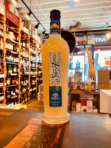 Borsci Succ'Argo Limoncello 750mL a tall shoulder rounded bottle with yellow liquid and a blue top and a white label