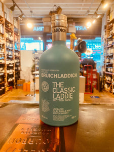 Bruichladdich the Classic Laddie 750mL Scottish Barley a round squarish baby blue colored bottle with a silver top and white lettering