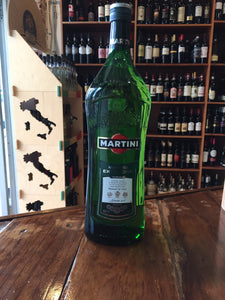 Martini & Rossi Extra Dry 1L a clear green hour glass shaped bottle with a green label and green top