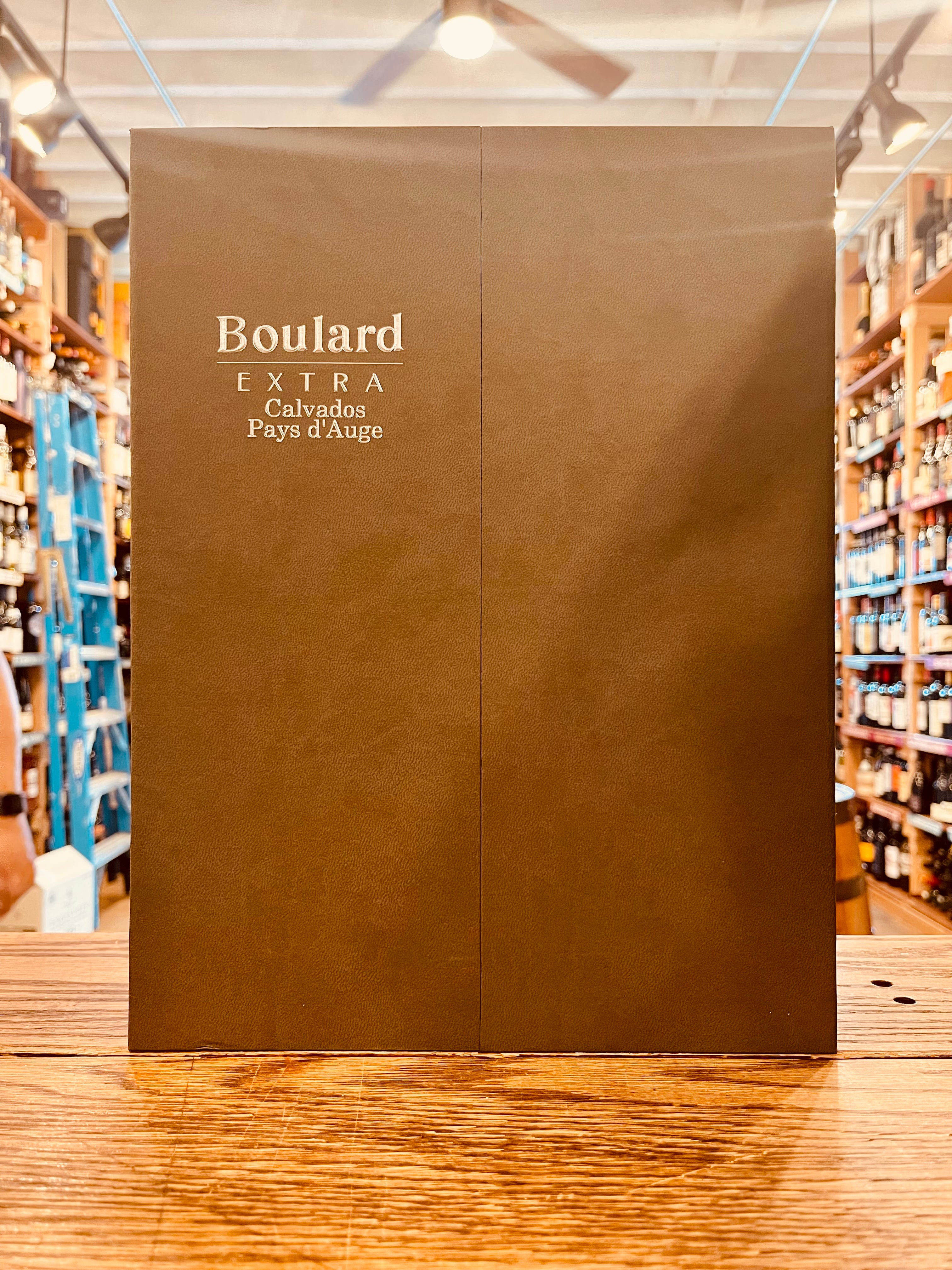 Boulard Extra Calvados Pays d’Auge 750mL silver colored box with white lettering