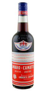 Amaro Camatti 700mL clear bottle with dark liquid and red label and blue cap