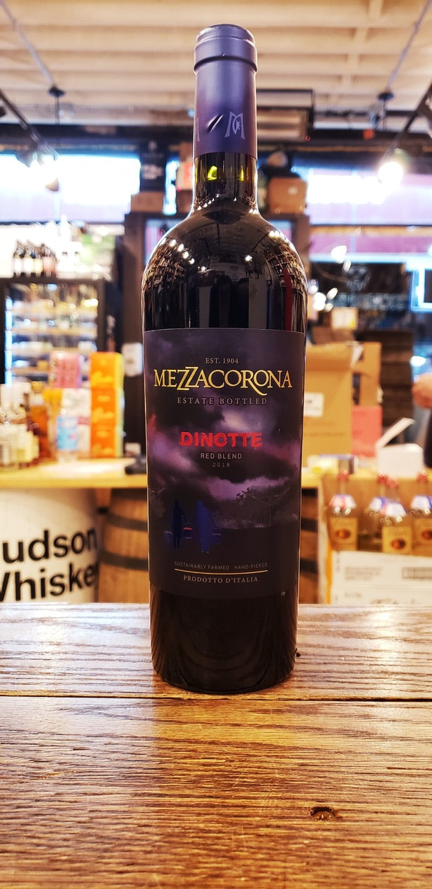 Mezzacorona Dinotte Red Blend 750ml a tall dark glass wine bottle with a purple label and blue top