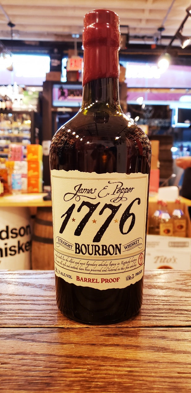 James E. Pepper 1776 Barrel Proof Straight Bourbon Whiskey 750mL a high shouldered round bottle with a beige label and red waxed top