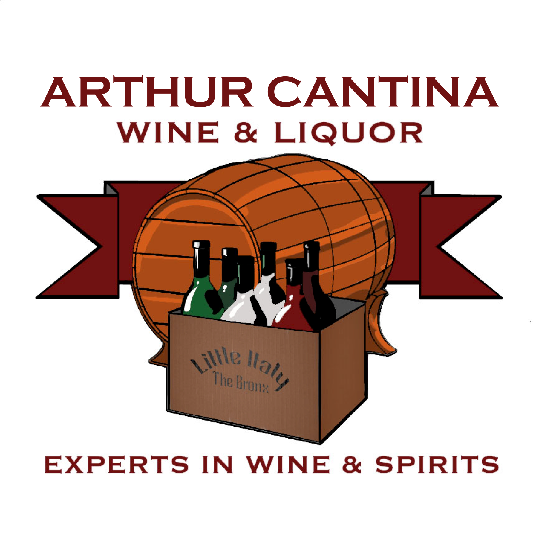the is a plastic gift card much similar to a credit card with the arthur cantina logo, a wine barrel behind a box with assorted bottles of wine all in front of a maroon banner 