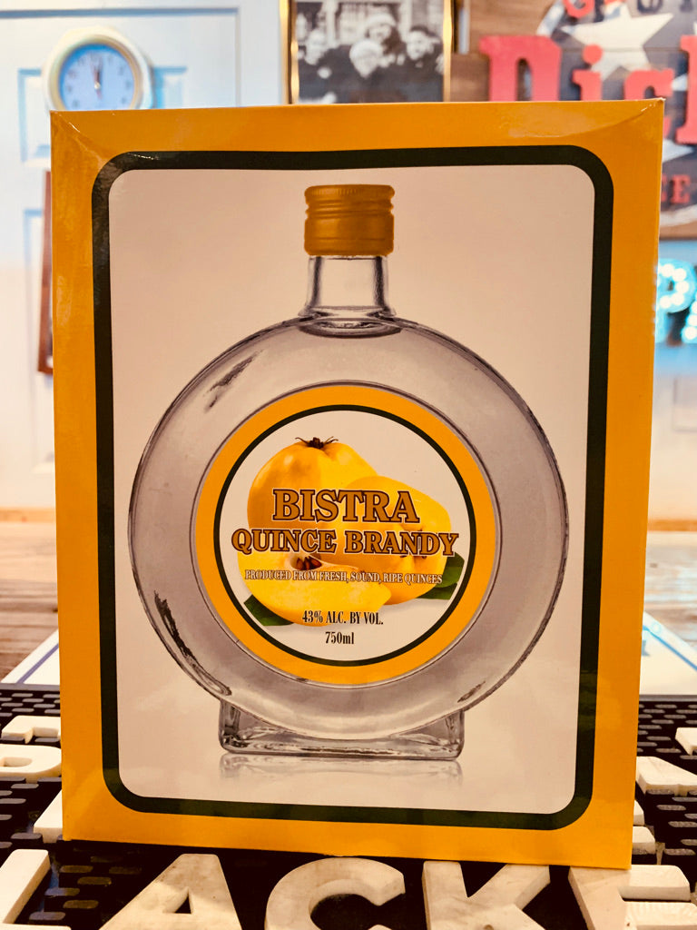 Bistra Quince Brandy 750mL square yellow and white box with an image of a round bottle on it with yellow labeling