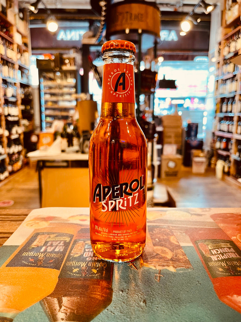 Aperol Spritz Ready to Drink 200mL clear small bottle with orange liquid and organe top