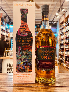 Glenmorangie Tale of the Forest 750mL a tall white box with a floral image on it next to a tall shapely clear bottle  with a green label and green top