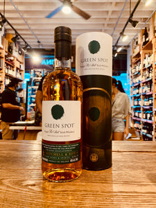 Green Spot Single Pot Still Irish Whiskey 750mL a short rounded high shouldered bottle with a white label and green spot on it, next to a tall white and green tin cylinder.