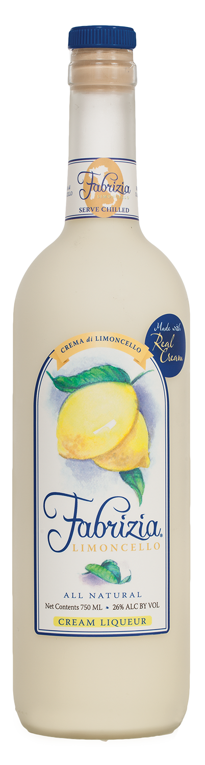 Fabrizia Crema di Limoncello 750mL a tall skinny clear bottle with a white label with a lemon image and blue top