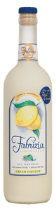 Fabrizia Crema di Limoncello 750mL a tall skinny clear bottle with a white label with a lemon image and blue top