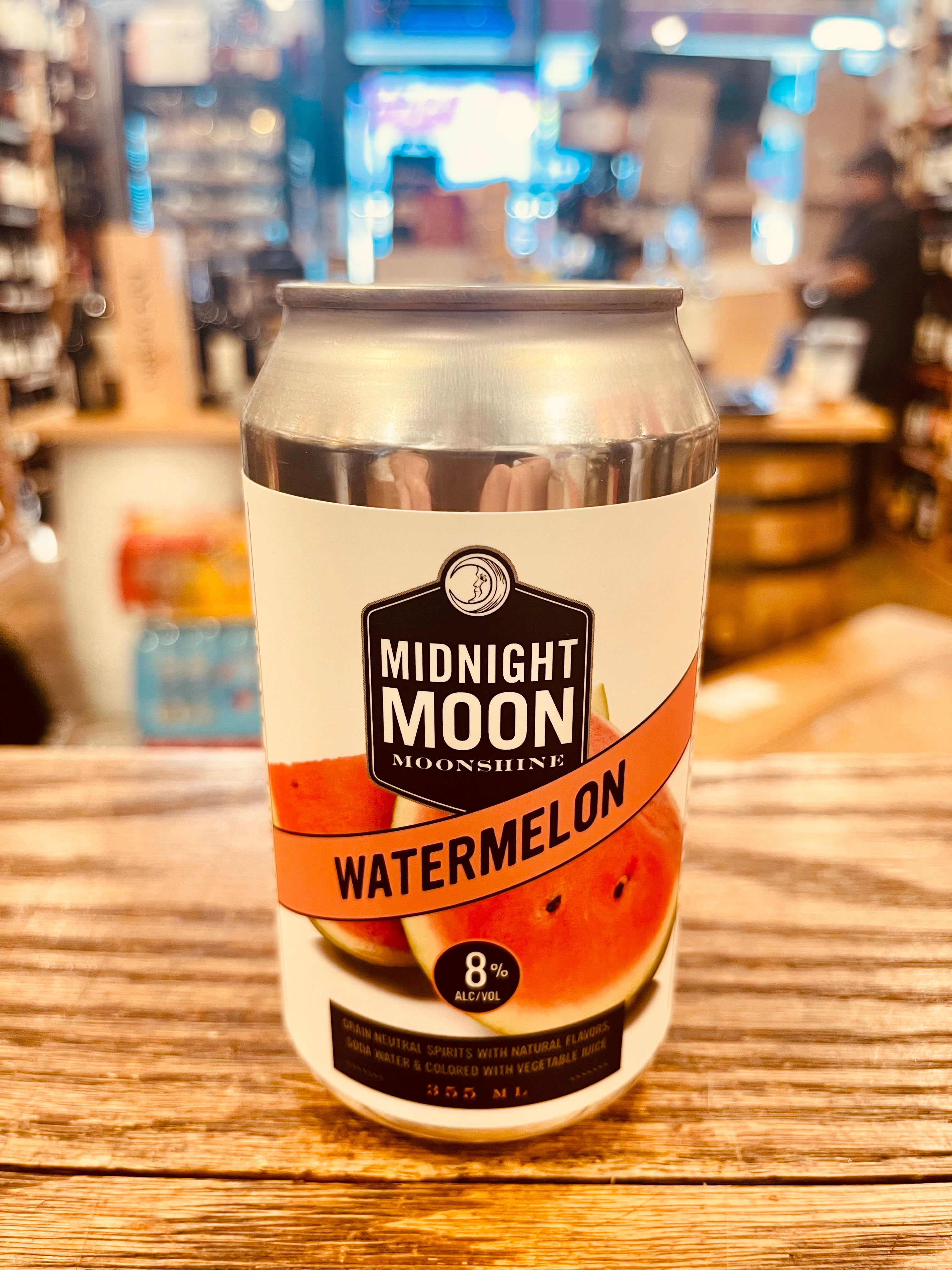 Midnight Moon Watermelon 355mL a silver can with a white label around it and the image of a watermelon