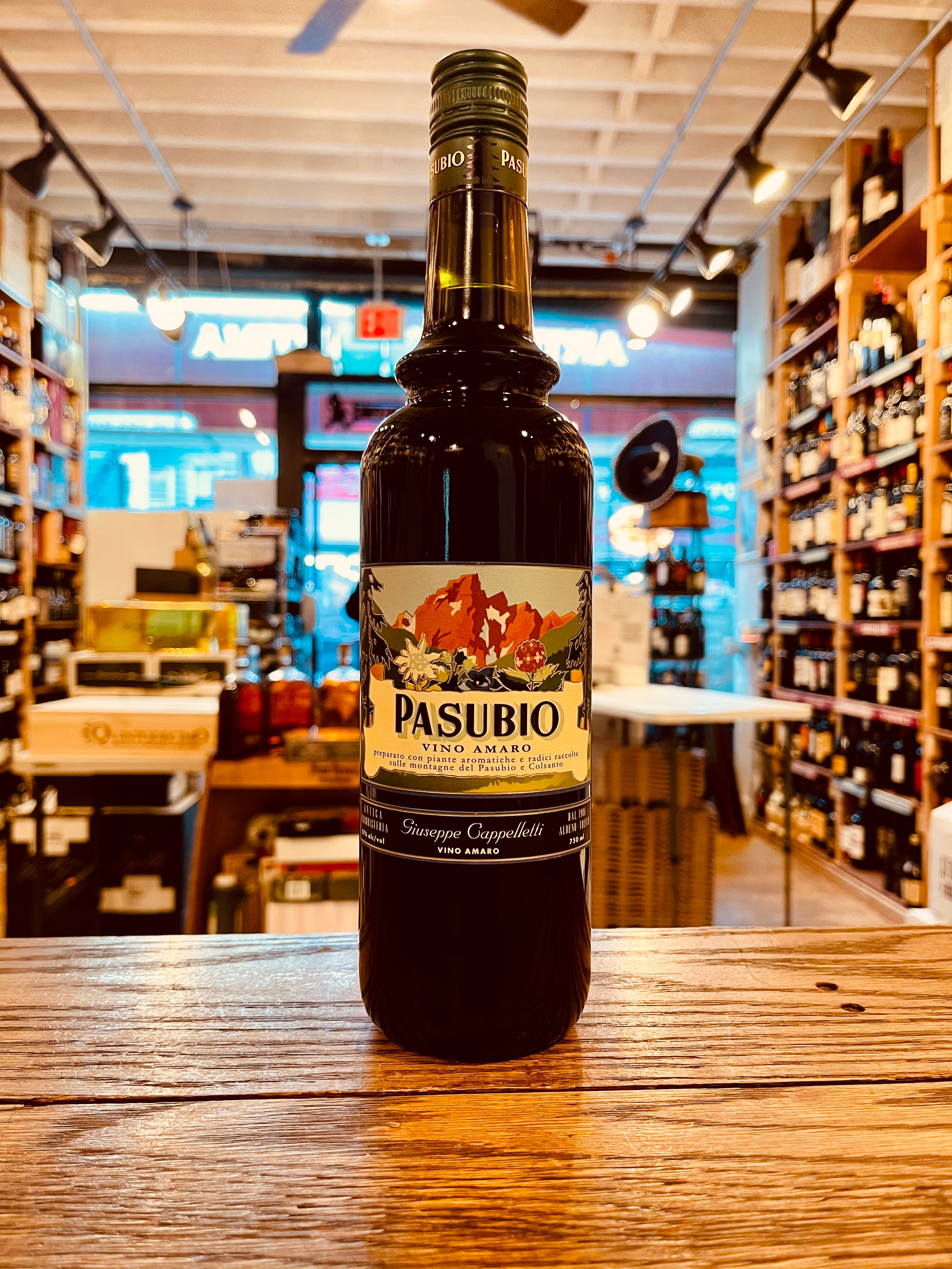 Pasubio Vino Amaro 750mL a dark glass bottle with a ringed neck and a colorful label and black top