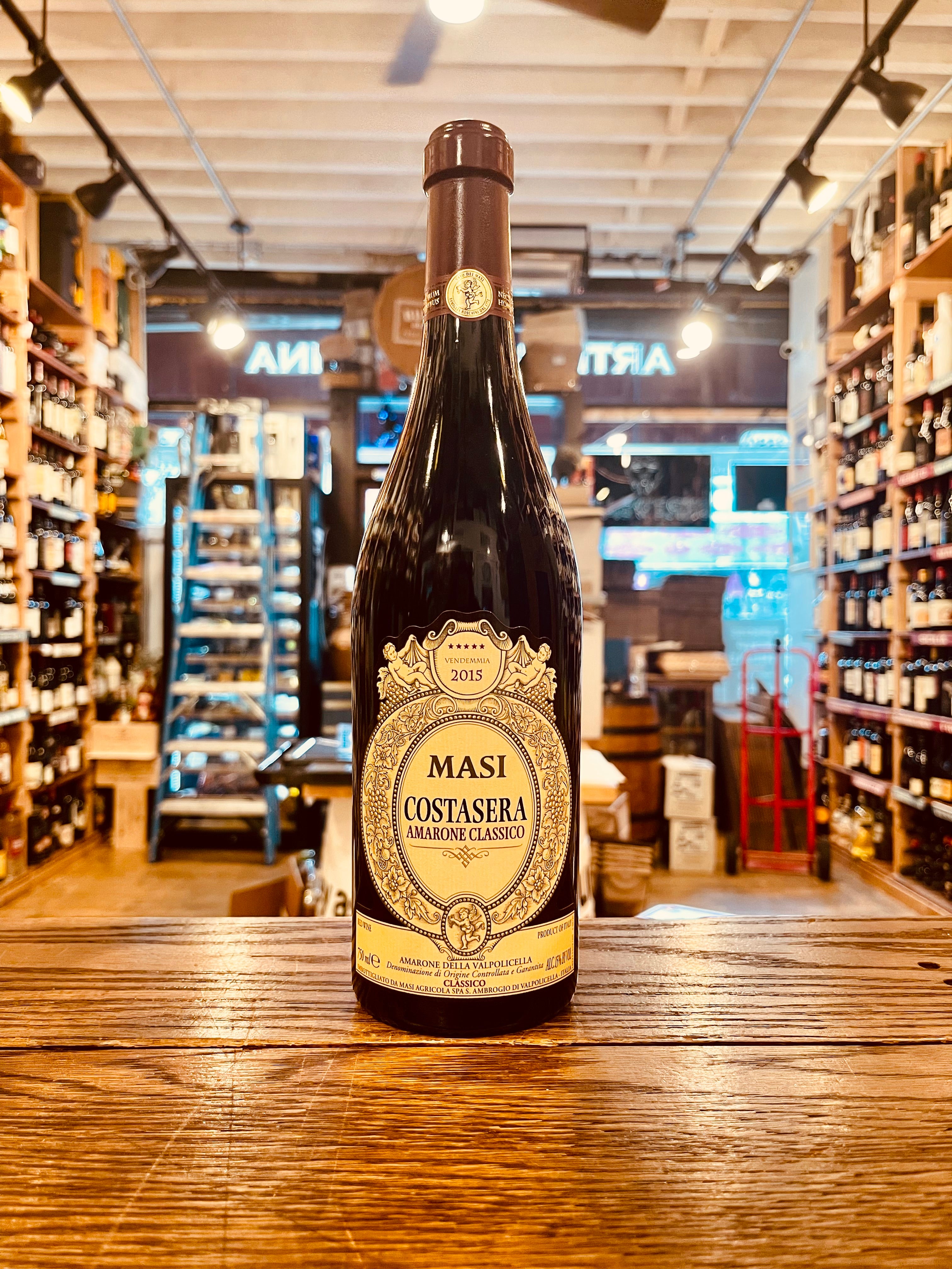 Masi Costasera Amarone Classico 750ml DOC 2015 a dark glass bottle with a beige label and maroon top