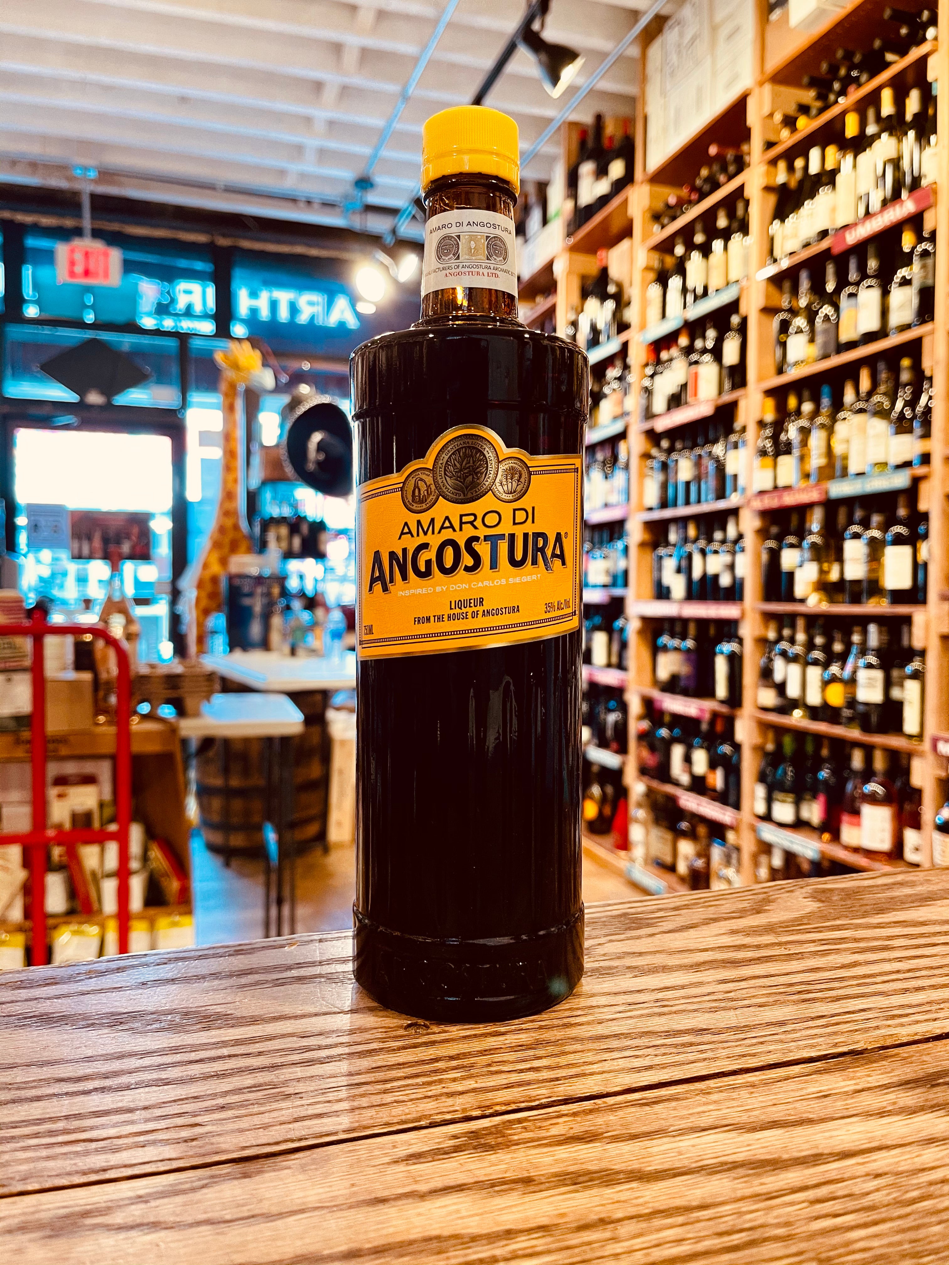 Angostura di Amaro 750mL dark bottle with yellow label and top