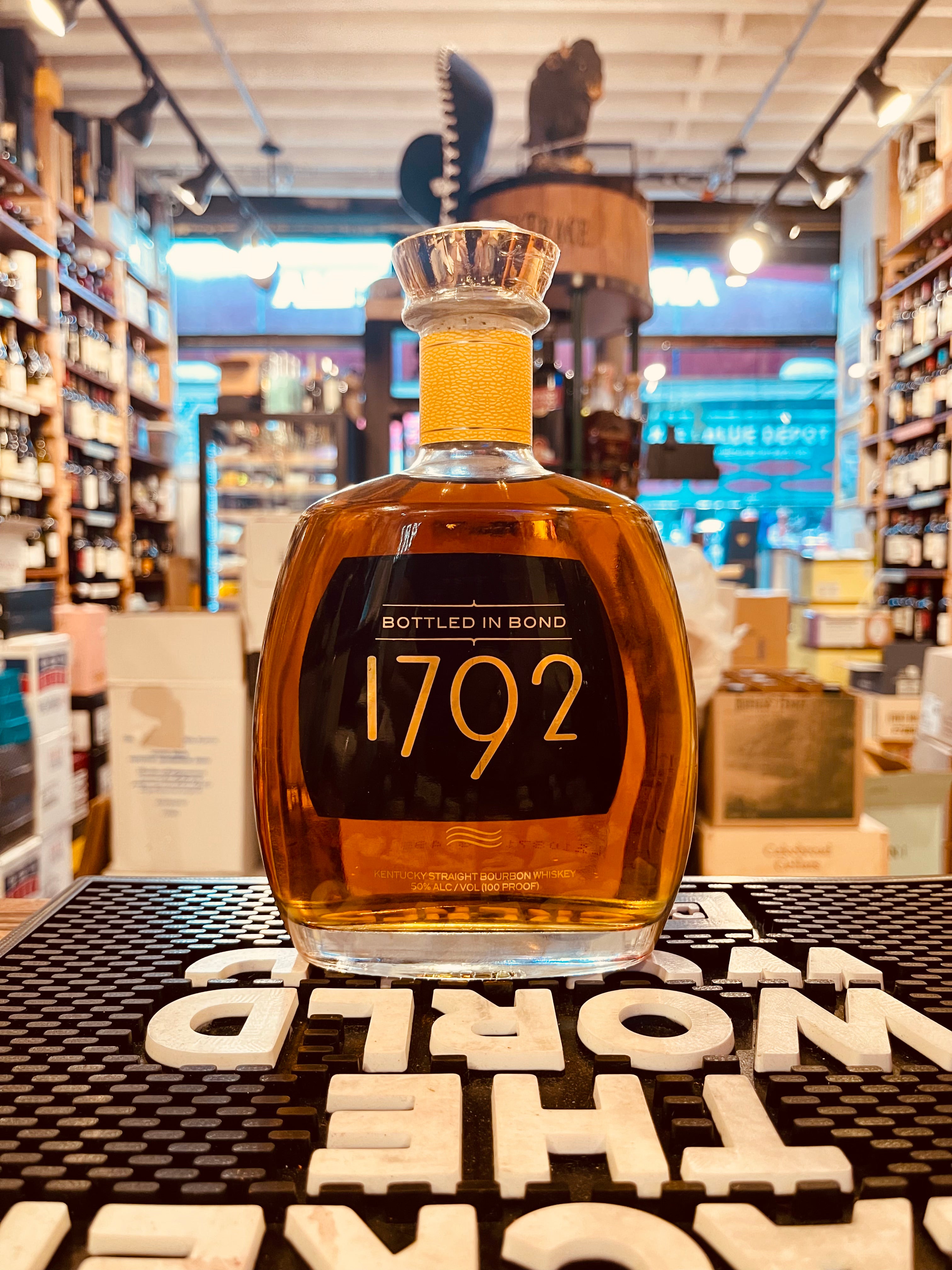 1792 Bottled In Bond 750mL front of bottle. square bottle with gold top. 