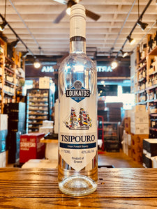 Loukatos Tsipouro Grape Distillate 750mL a tall slender clear glass bottle with a white label and white top